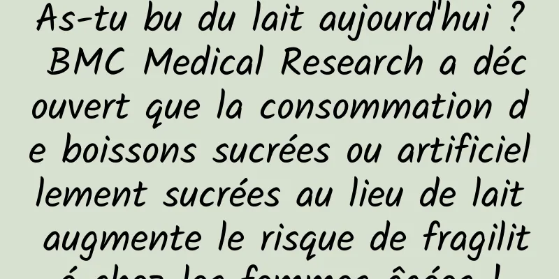 As-tu bu du lait aujourd'hui ? BMC Medical Research a découvert que la consommation de boissons sucrées ou artificiellement sucrées au lieu de lait augmente le risque de fragilité chez les femmes âgées !