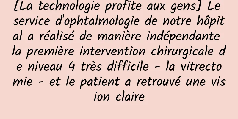 [La technologie profite aux gens] Le service d'ophtalmologie de notre hôpital a réalisé de manière indépendante la première intervention chirurgicale de niveau 4 très difficile - la vitrectomie - et le patient a retrouvé une vision claire