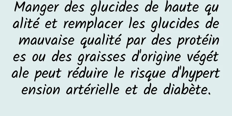 Manger des glucides de haute qualité et remplacer les glucides de mauvaise qualité par des protéines ou des graisses d'origine végétale peut réduire le risque d'hypertension artérielle et de diabète.