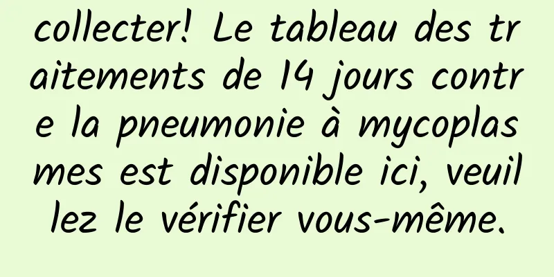 collecter! Le tableau des traitements de 14 jours contre la pneumonie à mycoplasmes est disponible ici, veuillez le vérifier vous-même.
