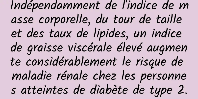 Indépendamment de l'indice de masse corporelle, du tour de taille et des taux de lipides, un indice de graisse viscérale élevé augmente considérablement le risque de maladie rénale chez les personnes atteintes de diabète de type 2.
