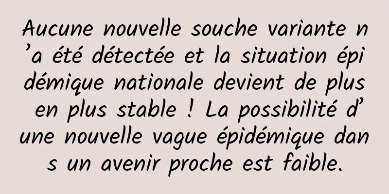 Aucune nouvelle souche variante n’a été détectée et la situation épidémique nationale devient de plus en plus stable ! La possibilité d’une nouvelle vague épidémique dans un avenir proche est faible.