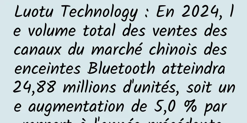 Luotu Technology : En 2024, le volume total des ventes des canaux du marché chinois des enceintes Bluetooth atteindra 24,88 millions d'unités, soit une augmentation de 5,0 % par rapport à l'année précédente.