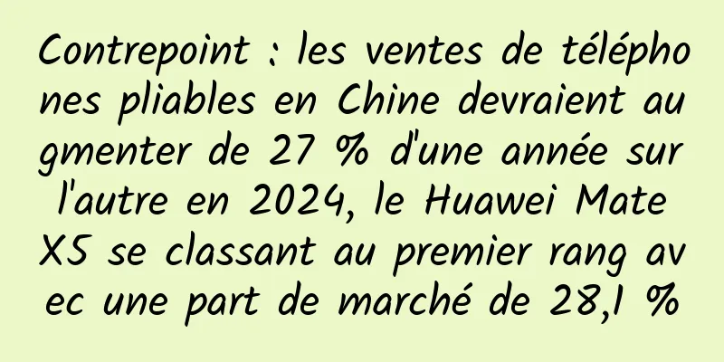 Contrepoint : les ventes de téléphones pliables en Chine devraient augmenter de 27 % d'une année sur l'autre en 2024, le Huawei Mate X5 se classant au premier rang avec une part de marché de 28,1 %
