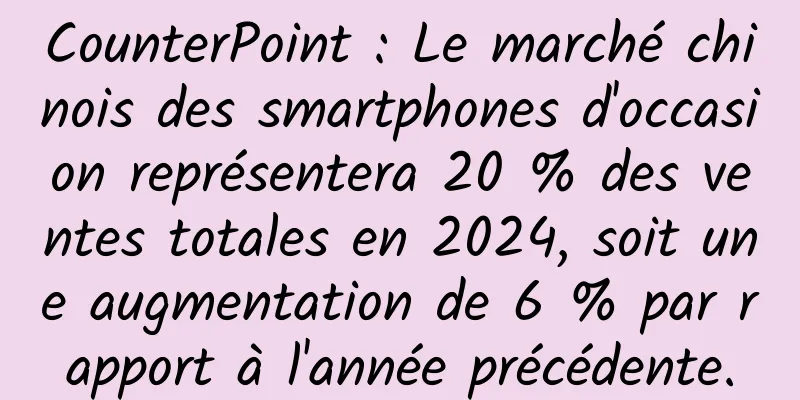 CounterPoint : Le marché chinois des smartphones d'occasion représentera 20 % des ventes totales en 2024, soit une augmentation de 6 % par rapport à l'année précédente.