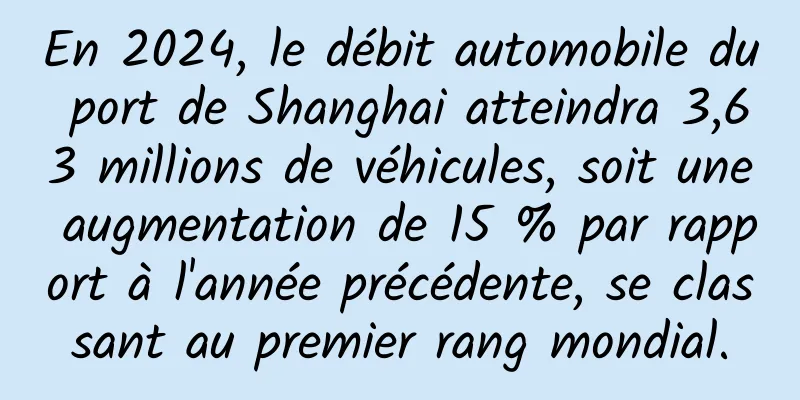 En 2024, le débit automobile du port de Shanghai atteindra 3,63 millions de véhicules, soit une augmentation de 15 % par rapport à l'année précédente, se classant au premier rang mondial.
