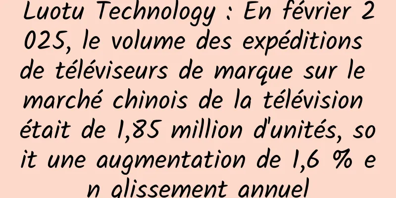 Luotu Technology : En février 2025, le volume des expéditions de téléviseurs de marque sur le marché chinois de la télévision était de 1,85 million d'unités, soit une augmentation de 1,6 % en glissement annuel