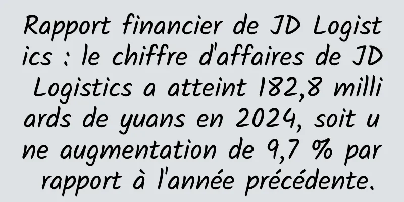 Rapport financier de JD Logistics : le chiffre d'affaires de JD Logistics a atteint 182,8 milliards de yuans en 2024, soit une augmentation de 9,7 % par rapport à l'année précédente.