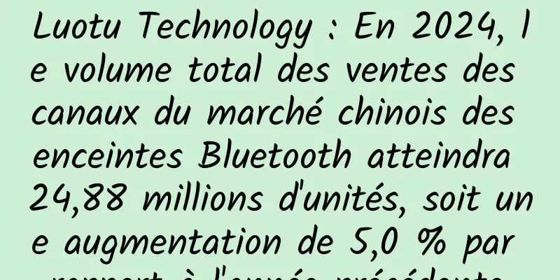 Luotu Technology : En 2024, le volume total des ventes des canaux du marché chinois des enceintes Bluetooth atteindra 24,88 millions d'unités, soit une augmentation de 5,0 % par rapport à l'année précédente.