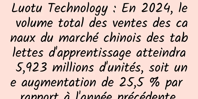 Luotu Technology : En 2024, le volume total des ventes des canaux du marché chinois des tablettes d'apprentissage atteindra 5,923 millions d'unités, soit une augmentation de 25,5 % par rapport à l'année précédente.