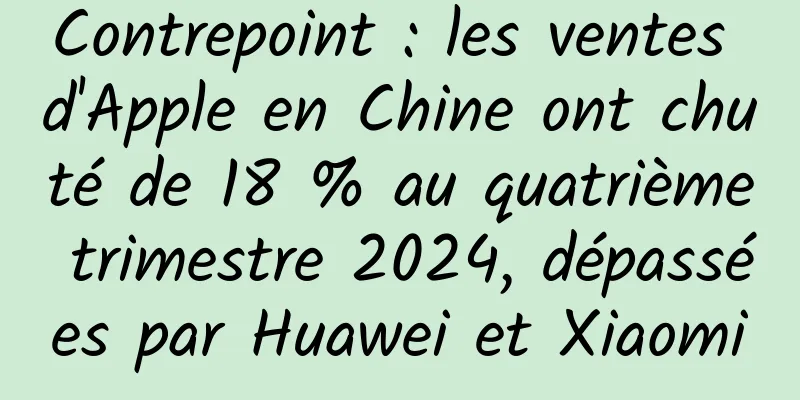 Contrepoint : les ventes d'Apple en Chine ont chuté de 18 % au quatrième trimestre 2024, dépassées par Huawei et Xiaomi