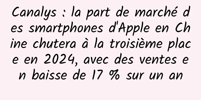 Canalys : la part de marché des smartphones d'Apple en Chine chutera à la troisième place en 2024, avec des ventes en baisse de 17 % sur un an