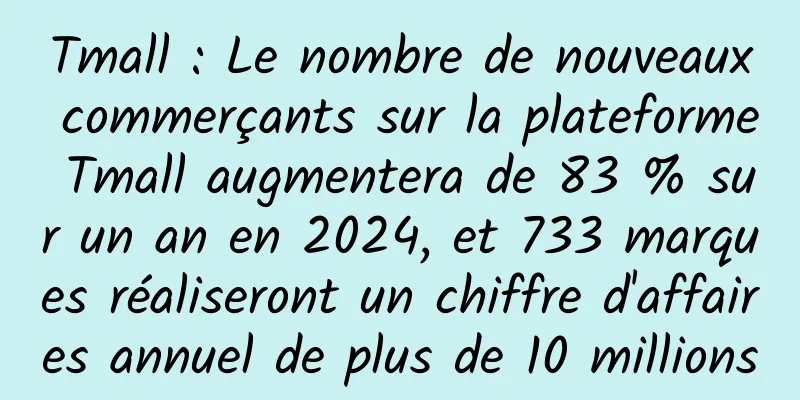 Tmall : Le nombre de nouveaux commerçants sur la plateforme Tmall augmentera de 83 % sur un an en 2024, et 733 marques réaliseront un chiffre d'affaires annuel de plus de 10 millions