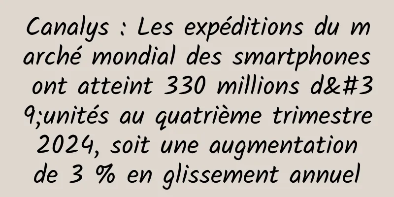 Canalys : Les expéditions du marché mondial des smartphones ont atteint 330 millions d'unités au quatrième trimestre 2024, soit une augmentation de 3 % en glissement annuel