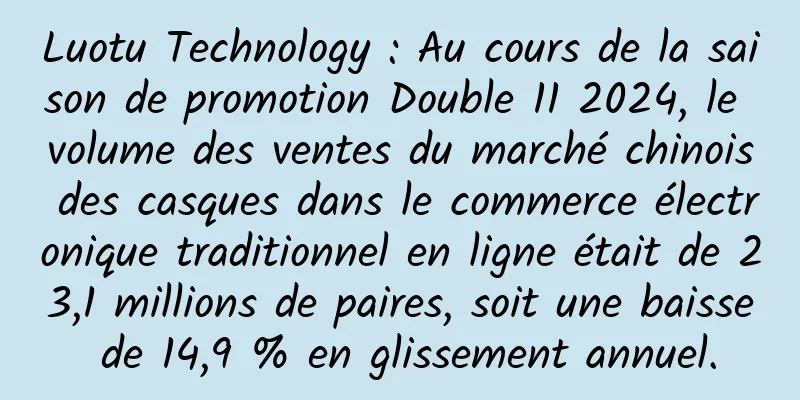 Luotu Technology : Au cours de la saison de promotion Double 11 2024, le volume des ventes du marché chinois des casques dans le commerce électronique traditionnel en ligne était de 23,1 millions de paires, soit une baisse de 14,9 % en glissement annuel.