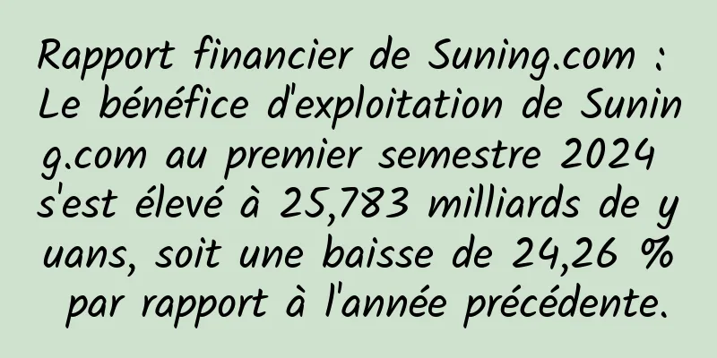 Rapport financier de Suning.com : Le bénéfice d'exploitation de Suning.com au premier semestre 2024 s'est élevé à 25,783 milliards de yuans, soit une baisse de 24,26 % par rapport à l'année précédente.