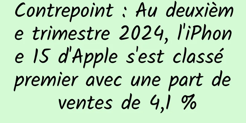 Contrepoint : Au deuxième trimestre 2024, l'iPhone 15 d'Apple s'est classé premier avec une part de ventes de 4,1 %