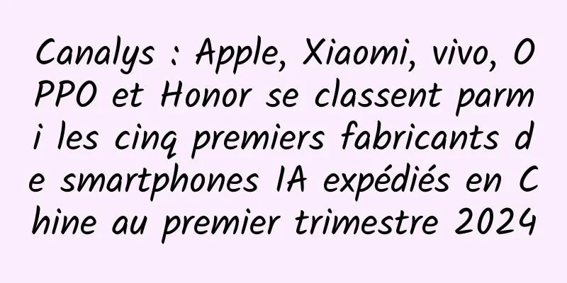 Canalys : Apple, Xiaomi, vivo, OPPO et Honor se classent parmi les cinq premiers fabricants de smartphones IA expédiés en Chine au premier trimestre 2024