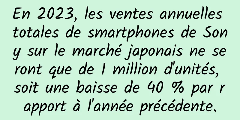 En 2023, les ventes annuelles totales de smartphones de Sony sur le marché japonais ne seront que de 1 million d'unités, soit une baisse de 40 % par rapport à l'année précédente.