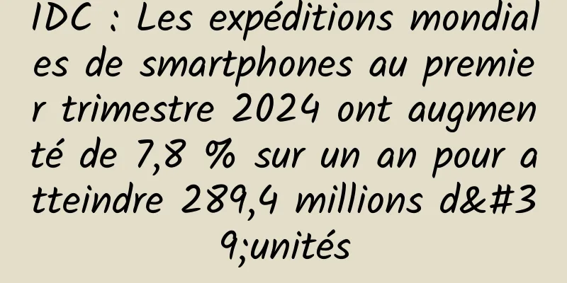 IDC : Les expéditions mondiales de smartphones au premier trimestre 2024 ont augmenté de 7,8 % sur un an pour atteindre 289,4 millions d'unités