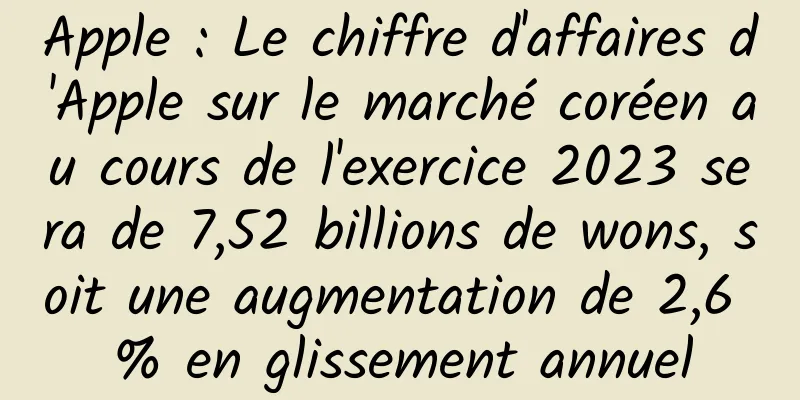 Apple : Le chiffre d'affaires d'Apple sur le marché coréen au cours de l'exercice 2023 sera de 7,52 billions de wons, soit une augmentation de 2,6 % en glissement annuel
