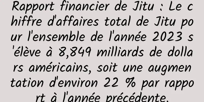 Rapport financier de Jitu : Le chiffre d'affaires total de Jitu pour l'ensemble de l'année 2023 s'élève à 8,849 milliards de dollars américains, soit une augmentation d'environ 22 % par rapport à l'année précédente.