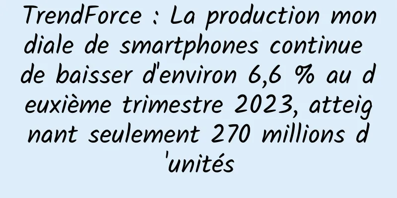 TrendForce : La production mondiale de smartphones continue de baisser d'environ 6,6 % au deuxième trimestre 2023, atteignant seulement 270 millions d'unités