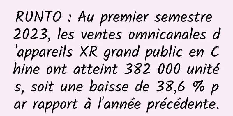 RUNTO : Au premier semestre 2023, les ventes omnicanales d'appareils XR grand public en Chine ont atteint 382 000 unités, soit une baisse de 38,6 % par rapport à l'année précédente.