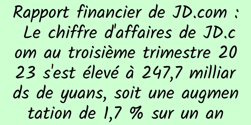 Rapport financier de JD.com : Le chiffre d'affaires de JD.com au troisième trimestre 2023 s'est élevé à 247,7 milliards de yuans, soit une augmentation de 1,7 % sur un an