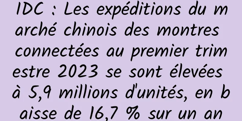 IDC : Les expéditions du marché chinois des montres connectées au premier trimestre 2023 se sont élevées à 5,9 millions d'unités, en baisse de 16,7 % sur un an