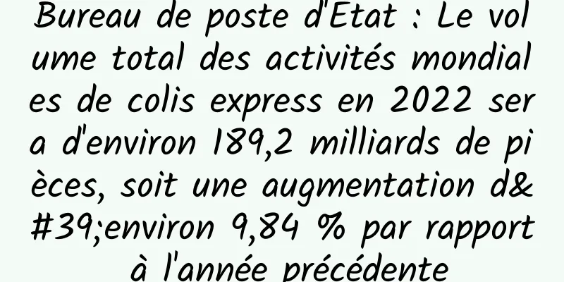 Bureau de poste d'État : Le volume total des activités mondiales de colis express en 2022 sera d'environ 189,2 milliards de pièces, soit une augmentation d'environ 9,84 % par rapport à l'année précédente