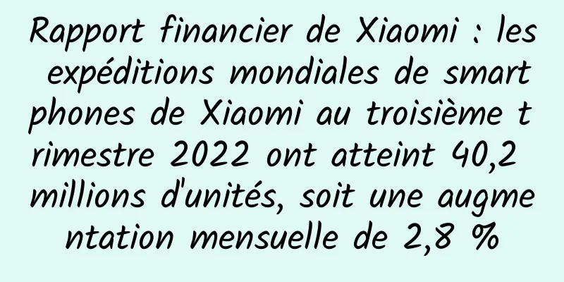 Rapport financier de Xiaomi : les expéditions mondiales de smartphones de Xiaomi au troisième trimestre 2022 ont atteint 40,2 millions d'unités, soit une augmentation mensuelle de 2,8 %