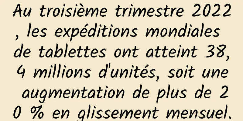 Au troisième trimestre 2022, les expéditions mondiales de tablettes ont atteint 38,4 millions d'unités, soit une augmentation de plus de 20 % en glissement mensuel.