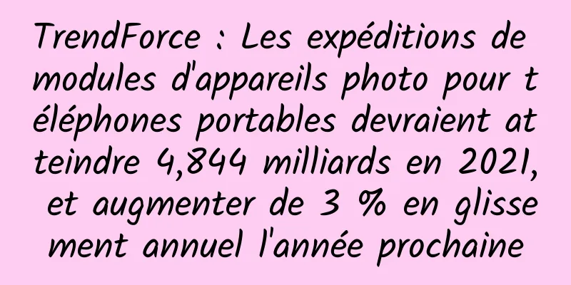 TrendForce : Les expéditions de modules d'appareils photo pour téléphones portables devraient atteindre 4,844 milliards en 2021, et augmenter de 3 % en glissement annuel l'année prochaine