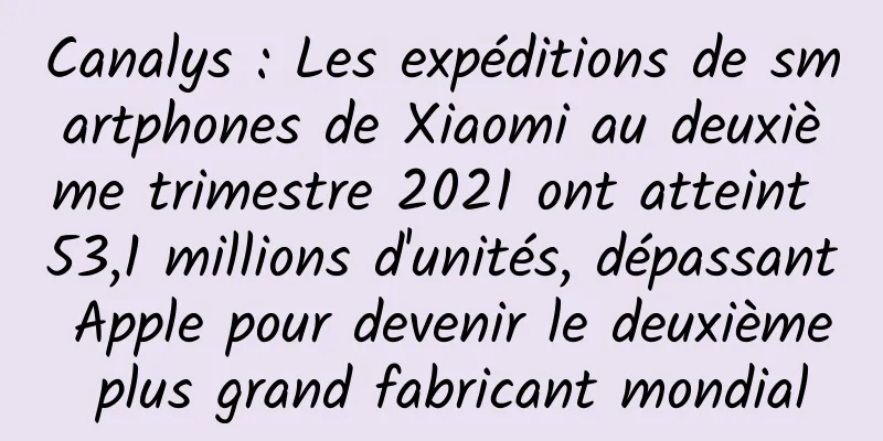 Canalys : Les expéditions de smartphones de Xiaomi au deuxième trimestre 2021 ont atteint 53,1 millions d'unités, dépassant Apple pour devenir le deuxième plus grand fabricant mondial