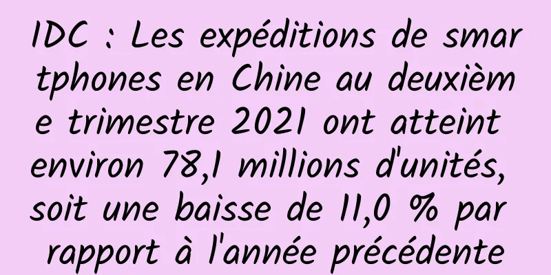IDC : Les expéditions de smartphones en Chine au deuxième trimestre 2021 ont atteint environ 78,1 millions d'unités, soit une baisse de 11,0 % par rapport à l'année précédente