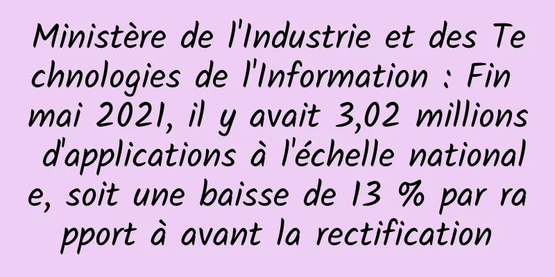 Ministère de l'Industrie et des Technologies de l'Information : Fin mai 2021, il y avait 3,02 millions d'applications à l'échelle nationale, soit une baisse de 13 % par rapport à avant la rectification