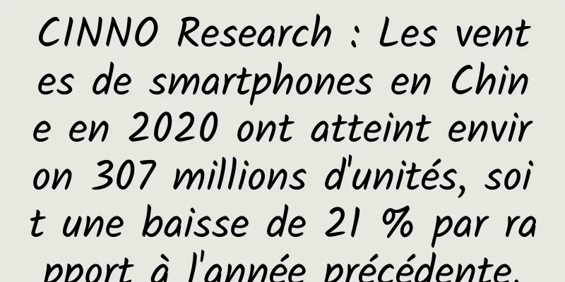 CINNO Research : Les ventes de smartphones en Chine en 2020 ont atteint environ 307 millions d'unités, soit une baisse de 21 % par rapport à l'année précédente.