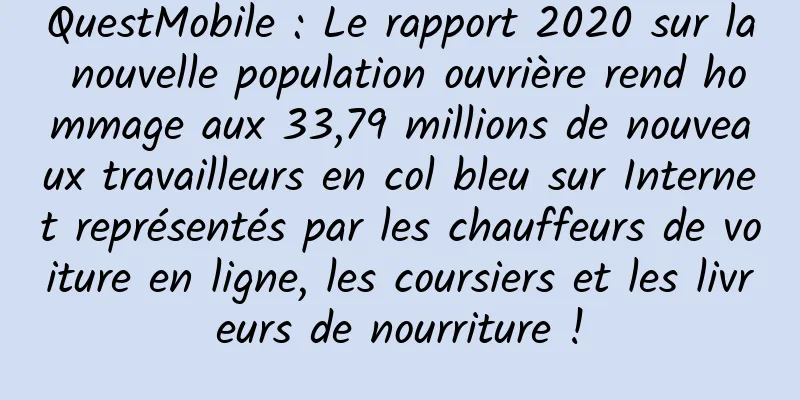 QuestMobile : Le rapport 2020 sur la nouvelle population ouvrière rend hommage aux 33,79 millions de nouveaux travailleurs en col bleu sur Internet représentés par les chauffeurs de voiture en ligne, les coursiers et les livreurs de nourriture !