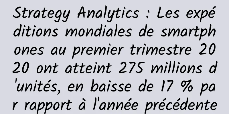Strategy Analytics : Les expéditions mondiales de smartphones au premier trimestre 2020 ont atteint 275 millions d'unités, en baisse de 17 % par rapport à l'année précédente