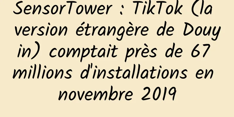 SensorTower : TikTok (la version étrangère de Douyin) comptait près de 67 millions d'installations en novembre 2019