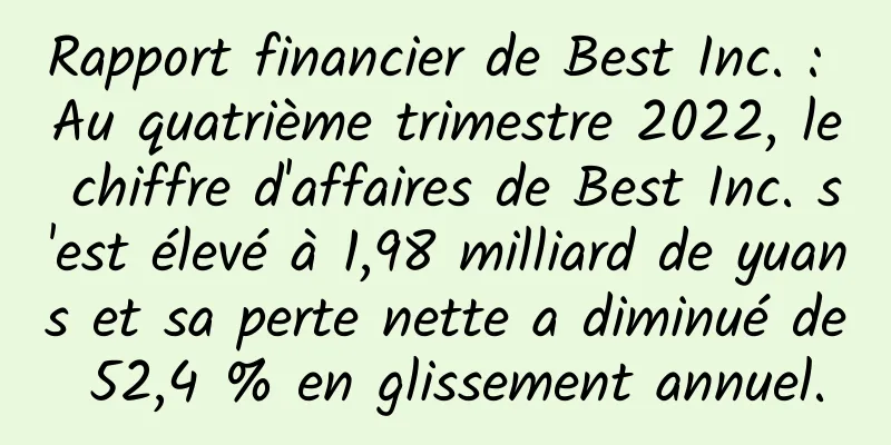 Rapport financier de Best Inc. : Au quatrième trimestre 2022, le chiffre d'affaires de Best Inc. s'est élevé à 1,98 milliard de yuans et sa perte nette a diminué de 52,4 % en glissement annuel.