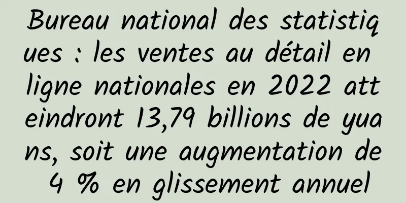Bureau national des statistiques : les ventes au détail en ligne nationales en 2022 atteindront 13,79 billions de yuans, soit une augmentation de 4 % en glissement annuel