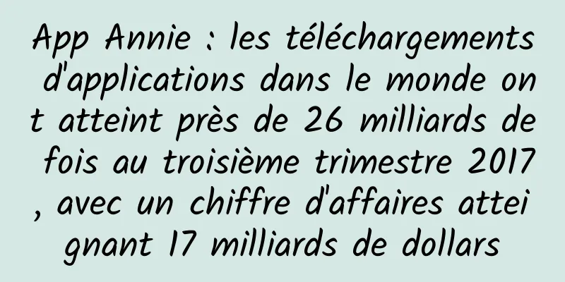 App Annie : les téléchargements d'applications dans le monde ont atteint près de 26 milliards de fois au troisième trimestre 2017, avec un chiffre d'affaires atteignant 17 milliards de dollars