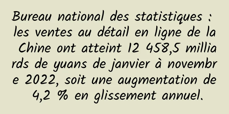 Bureau national des statistiques : les ventes au détail en ligne de la Chine ont atteint 12 458,5 milliards de yuans de janvier à novembre 2022, soit une augmentation de 4,2 % en glissement annuel.