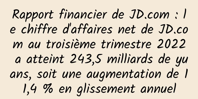 Rapport financier de JD.com : le chiffre d'affaires net de JD.com au troisième trimestre 2022 a atteint 243,5 milliards de yuans, soit une augmentation de 11,4 % en glissement annuel