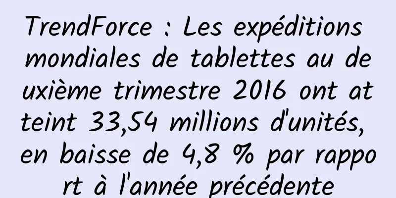 TrendForce : Les expéditions mondiales de tablettes au deuxième trimestre 2016 ont atteint 33,54 millions d'unités, en baisse de 4,8 % par rapport à l'année précédente