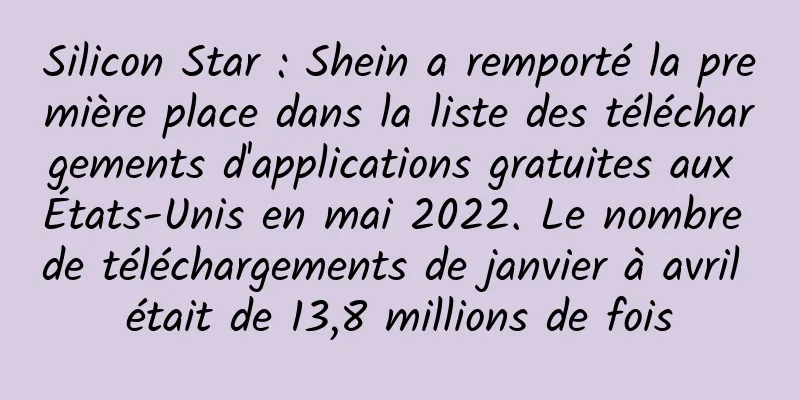 Silicon Star : Shein a remporté la première place dans la liste des téléchargements d'applications gratuites aux États-Unis en mai 2022. Le nombre de téléchargements de janvier à avril était de 13,8 millions de fois