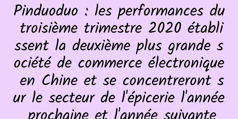 Pinduoduo : les performances du troisième trimestre 2020 établissent la deuxième plus grande société de commerce électronique en Chine et se concentreront sur le secteur de l'épicerie l'année prochaine et l'année suivante