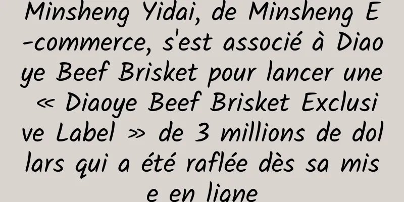 Minsheng Yidai, de Minsheng E-commerce, s'est associé à Diaoye Beef Brisket pour lancer une « Diaoye Beef Brisket Exclusive Label » de 3 millions de dollars qui a été raflée dès sa mise en ligne